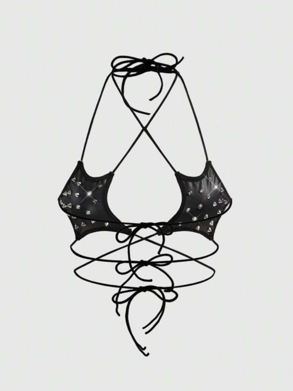 Star Black Studded Lace-Up Triangle Crop Top - Faux leather